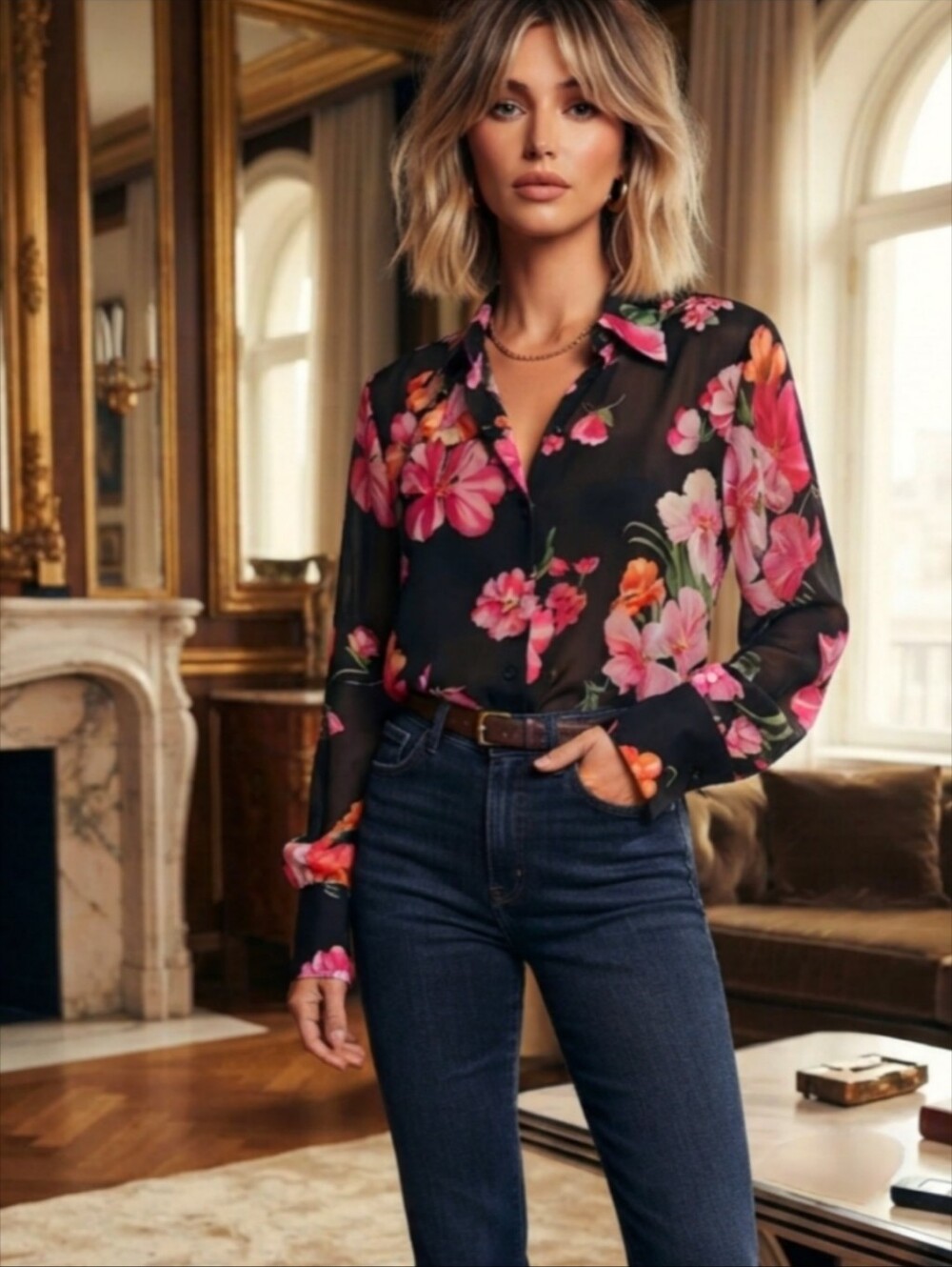 Linda Allard Vintage Silk Chiffon Blouse Pink Black Floral French Cuff S M